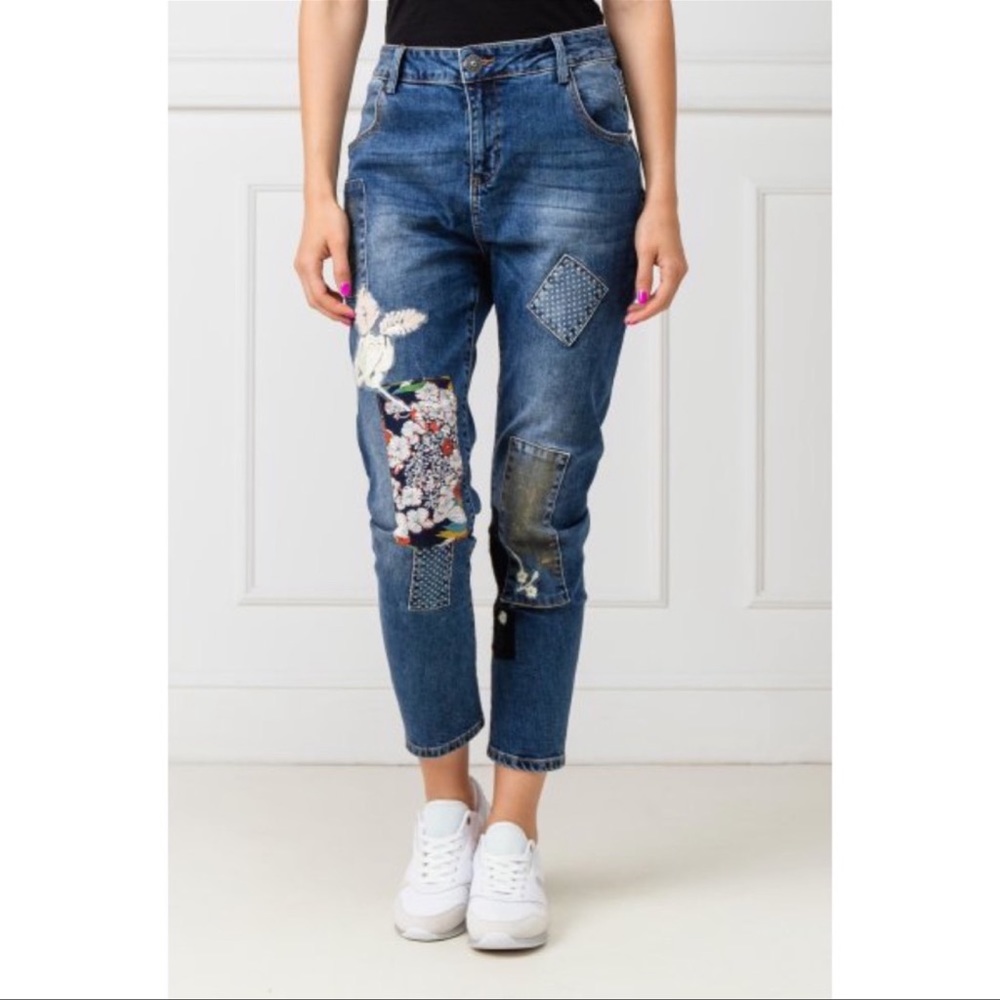 Desigual Exotic Jeans Hong Kong High Rise Cropped Patchwork Boyfriend Jeans